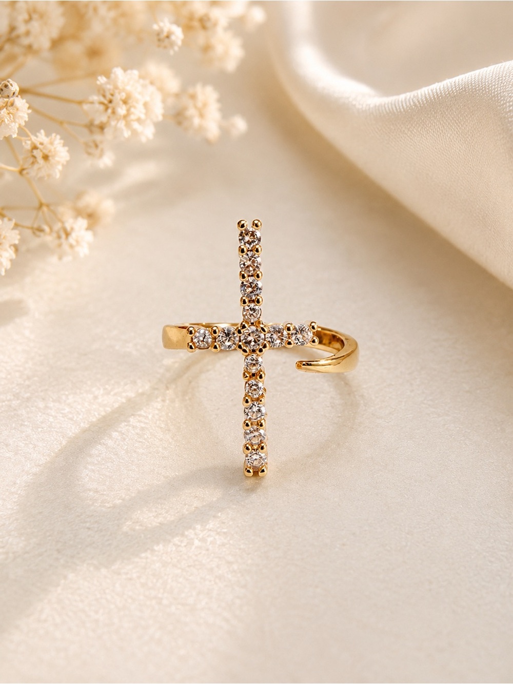 Cross Crystal Open Ring - 18k Gold Plated Size 6